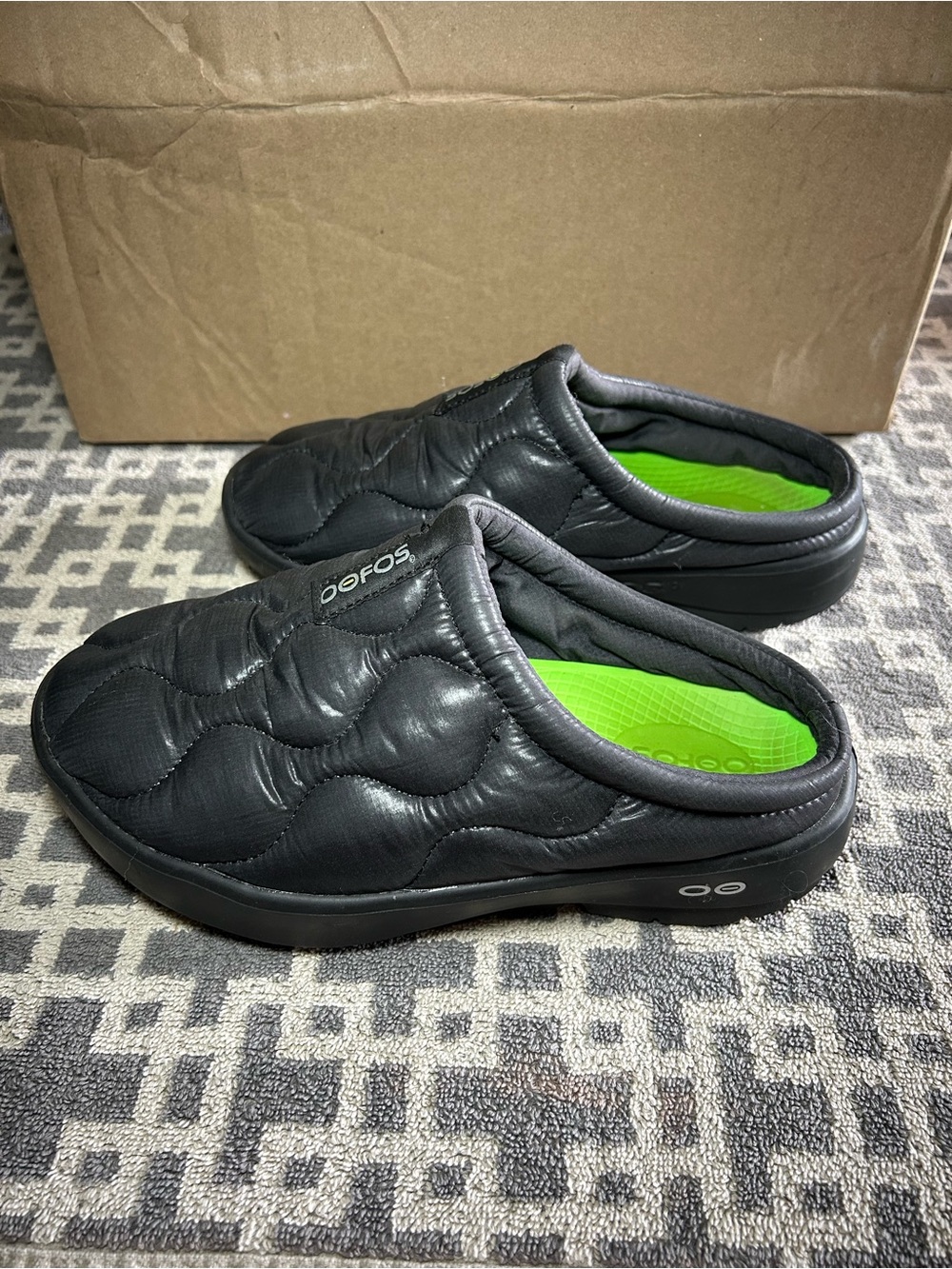 OOFOS Black Quilted Slip-On Clogs with Green Insole